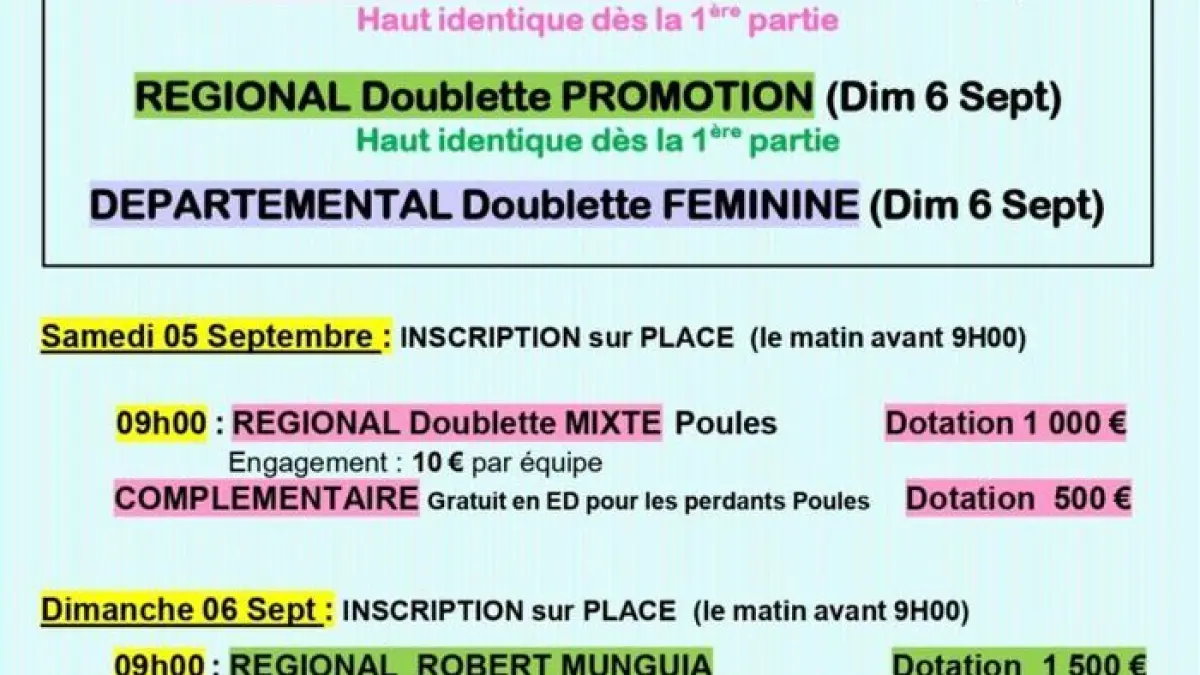 Régional doublette mixte et départemental doublette féminine - Les 5 et 6 septembre